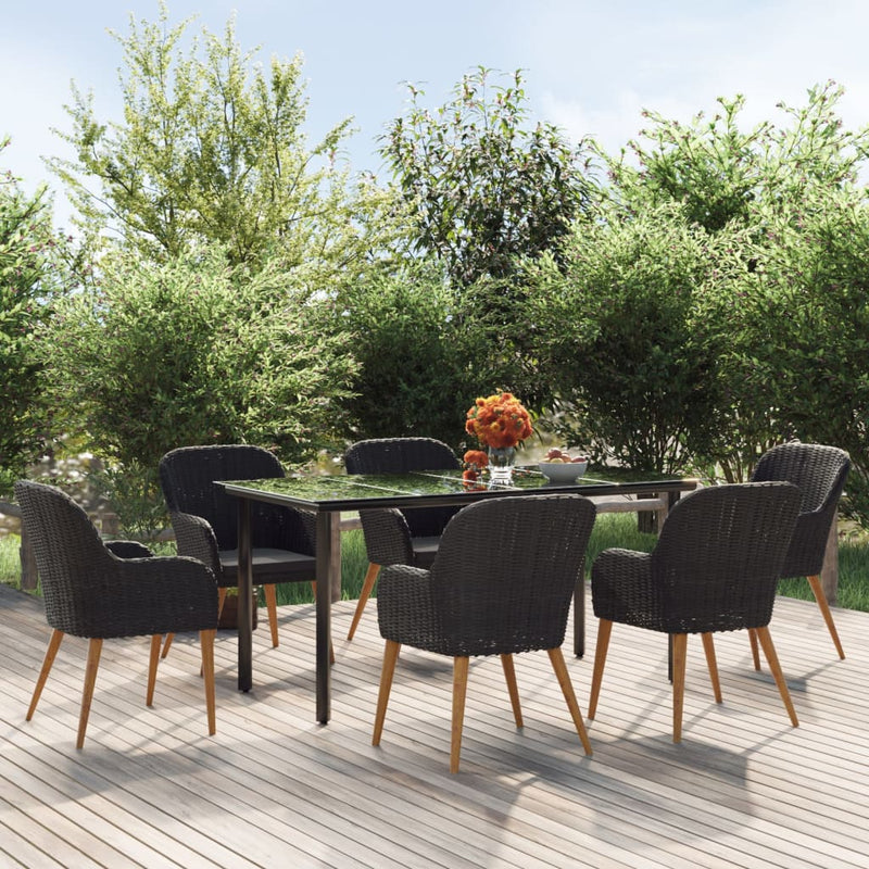 Set de masă pentru grădină, 7 piese, cu perne, negru