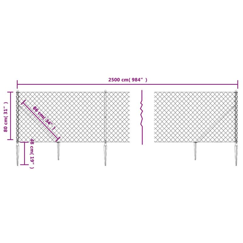 Gard plasă de sârmă cu țăruși de fixare, antracit, 0,8x25 m