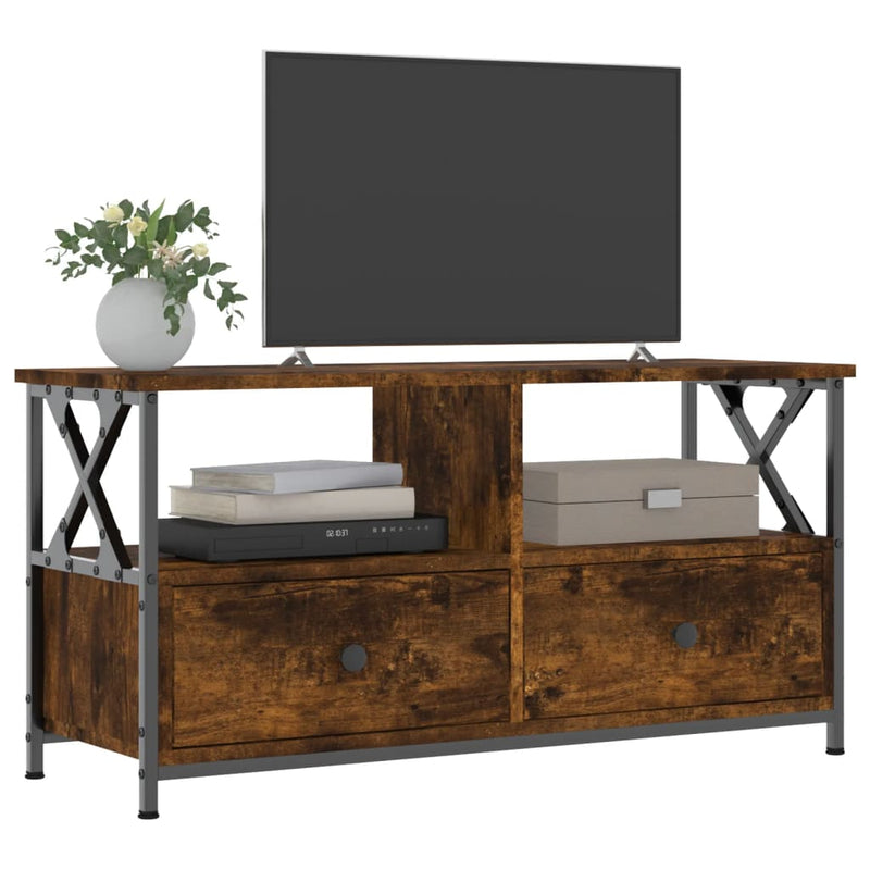 Comodă TV, stejar afumat, 90x33x45 cm, lemn prelucrat & fier