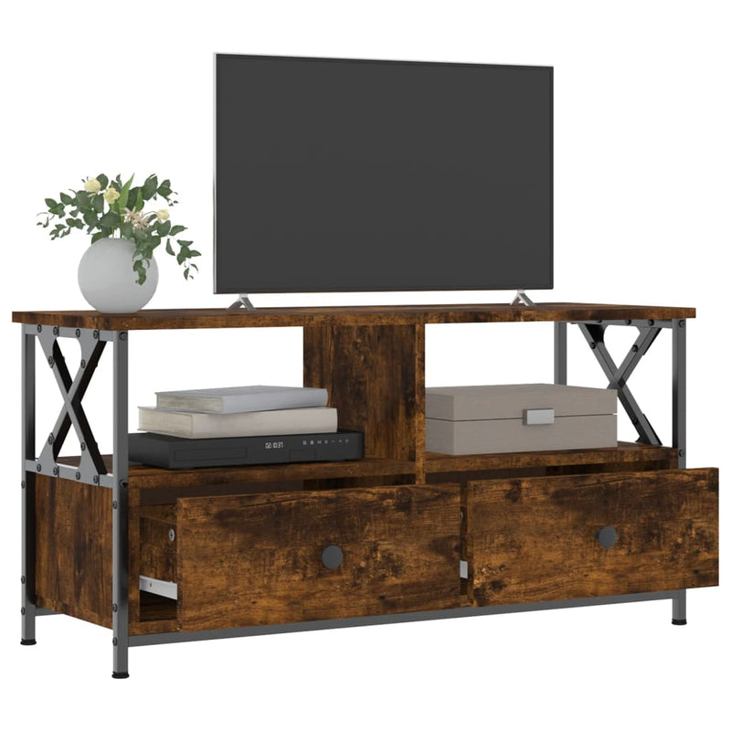 Comodă TV, stejar afumat, 90x33x45 cm, lemn prelucrat & fier