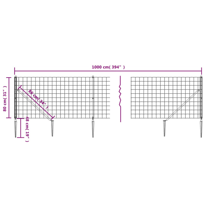 Gard plasă de sârmă cu țăruși de fixare, verde, 0,8x10 m