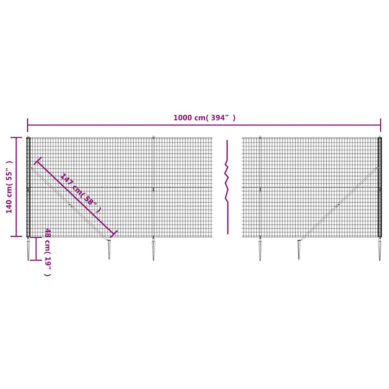 Gard plasă de sârmă cu țăruși de fixare, antracit, 1,4x10 m