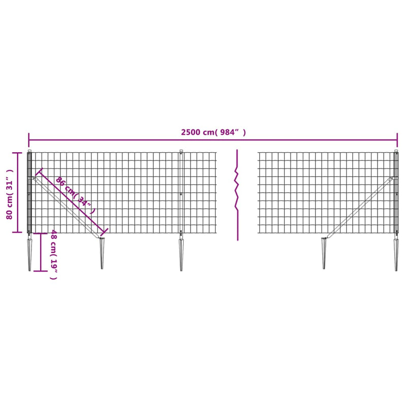 Gard plasă de sârmă cu țăruși de fixare, antracit, 0,8x25 m