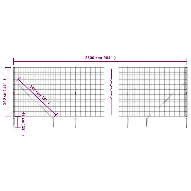 Gard plasă de sârmă cu țăruși de fixare, antracit, 1,4x25 m