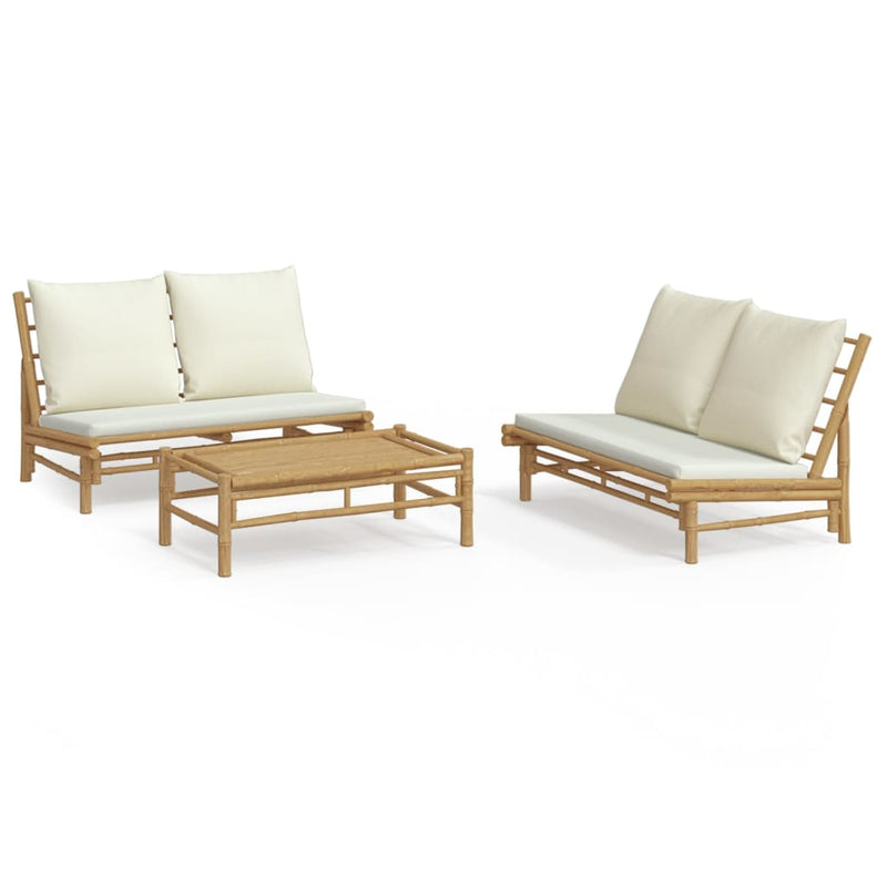 Set mobilier de grădină, cu perne alb crem, 3 piese, bambus