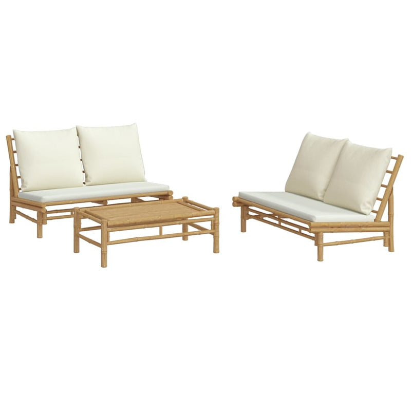 Set mobilier de grădină, cu perne alb crem, 3 piese, bambus