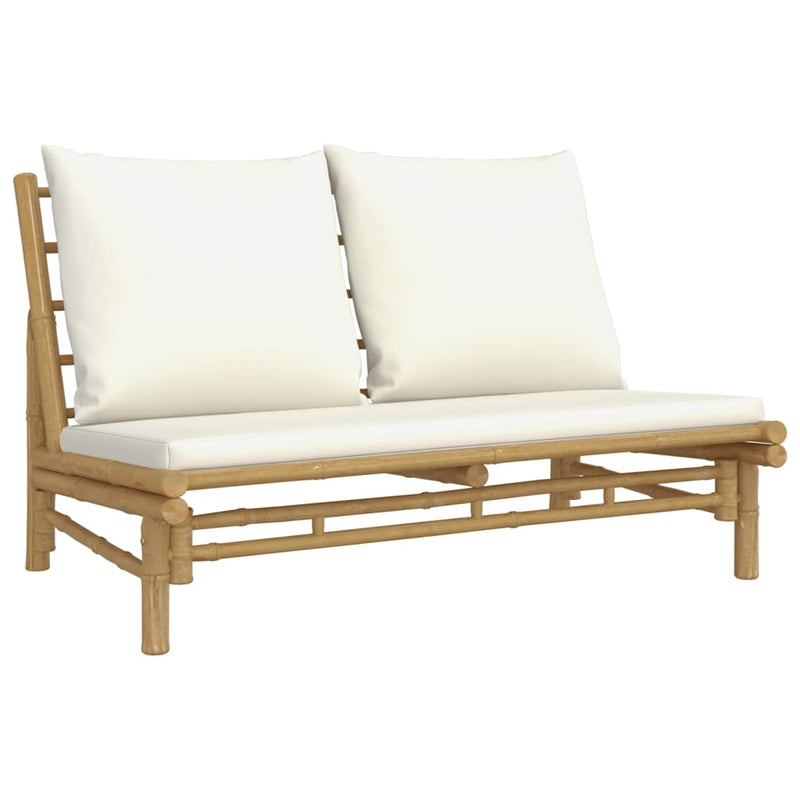 Set mobilier de grădină, cu perne alb crem, 3 piese, bambus
