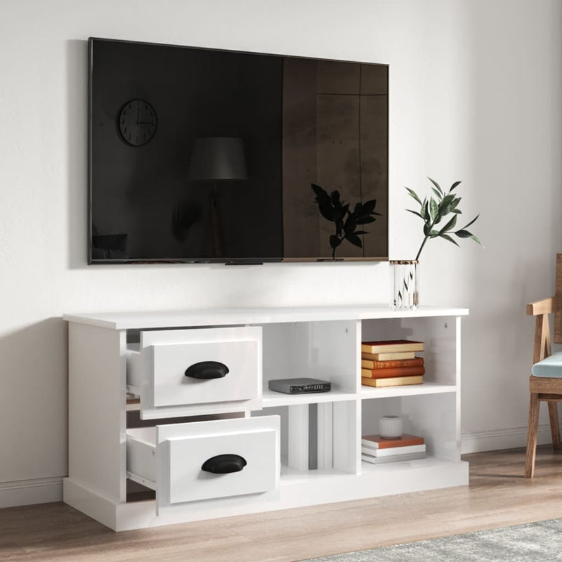 Comodă TV, alb extralucios, 102x35,5x47,5 cm, lemn prelucrat