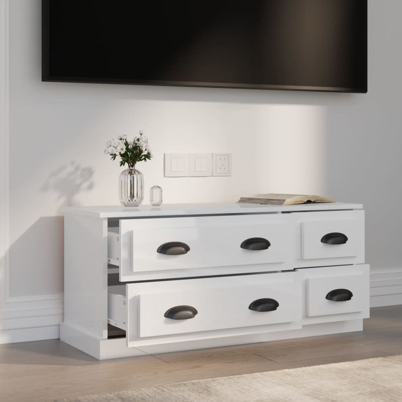 Comodă TV, alb extralucios, 100x35,5x45 cm, lemn prelucrat