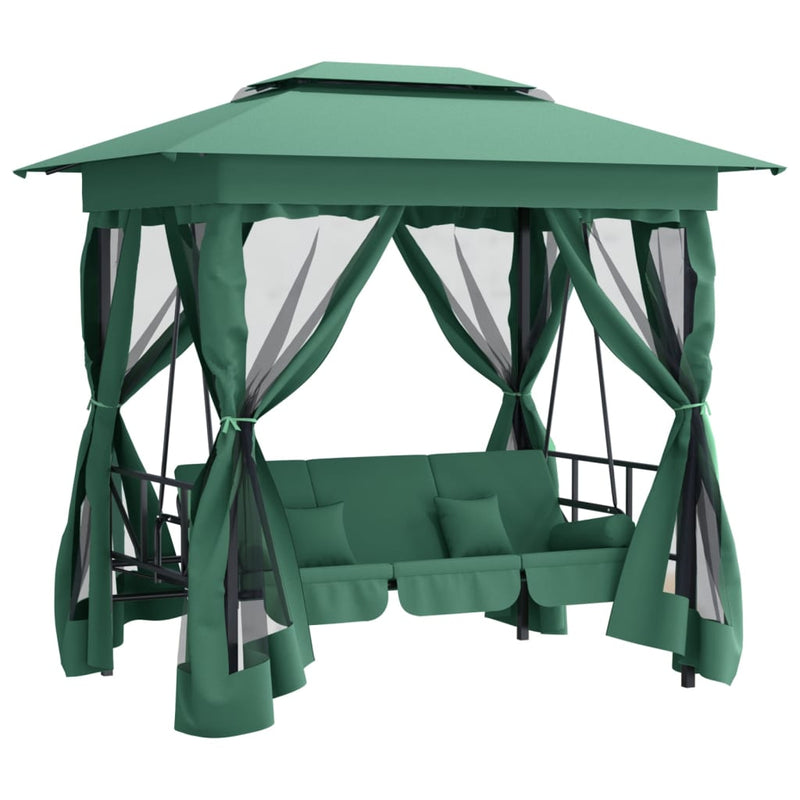 Pavilion de grădină & balansoar convertibil verde textil & oțel