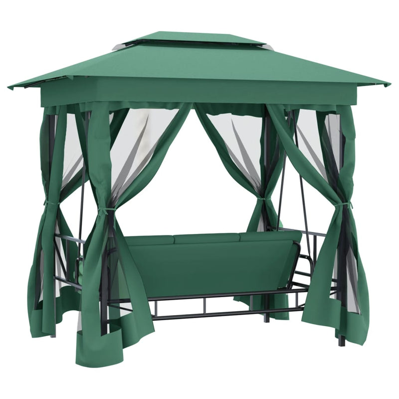 Pavilion de grădină & balansoar convertibil verde textil & oțel