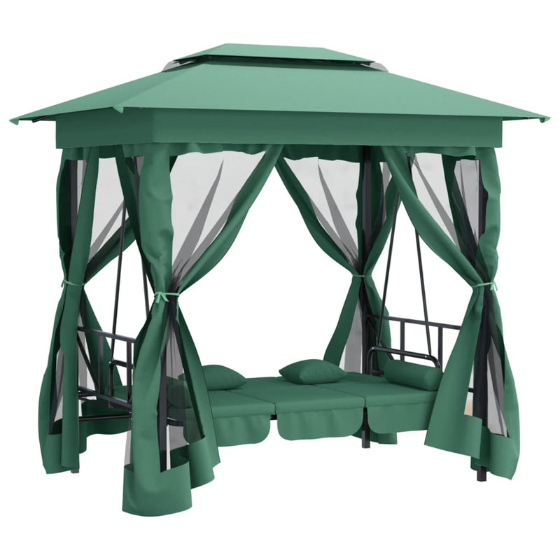 Pavilion de grădină & balansoar convertibil verde textil & oțel