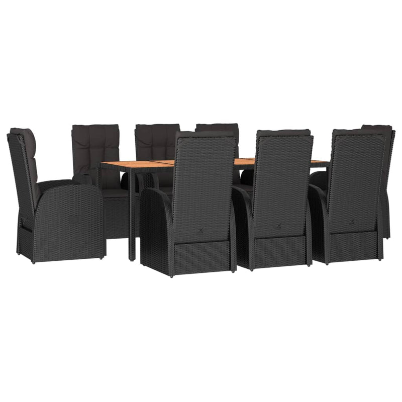 Set mobilier de grădină cu perne, 9 piese, negru, poliratan