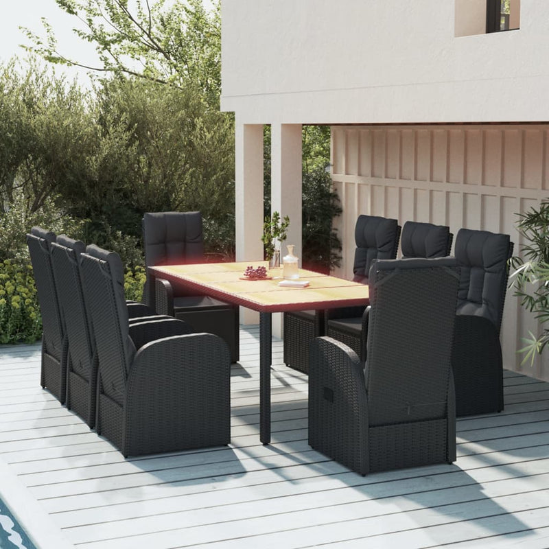 Set mobilier de grădină cu perne, 9 piese, negru, poliratan