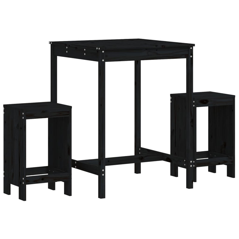 Set bar de grădină, 3 piese, negru, lemn masiv de pin