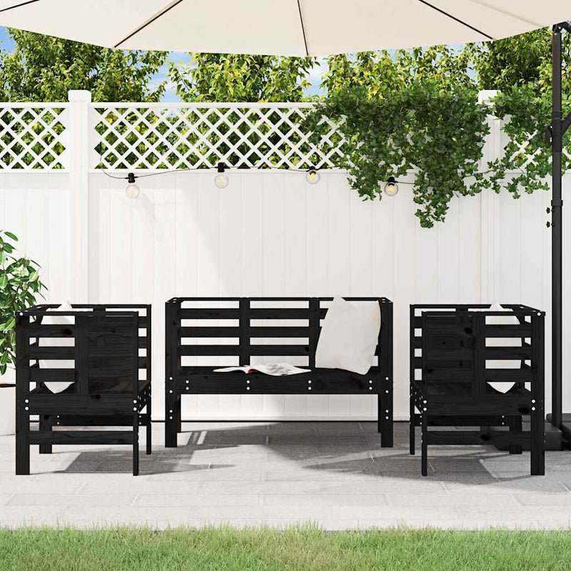 Set mobilier de grădină, 3 piese, negru, lemn masiv pin