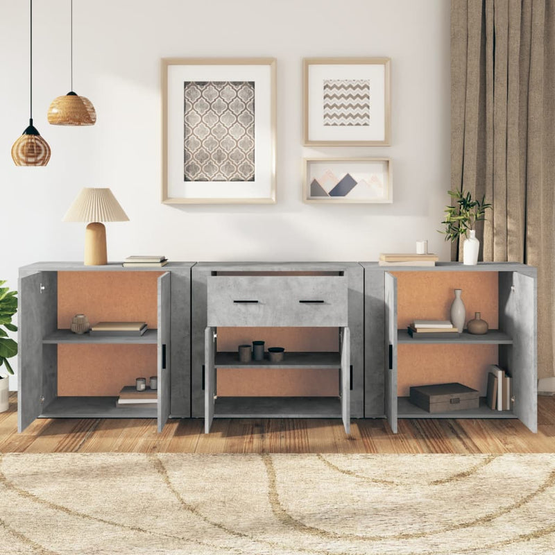 Servante, 3 piese, gri beton, lemn prelucrat