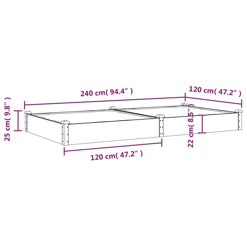 Strat de grădină înălțat cu căptușeală, 240x120x25 cm lemn brad