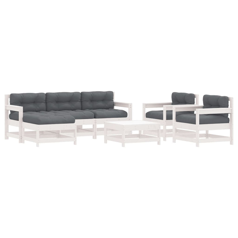 Set mobilier de grădină cu perne, 7 piese, alb, lemn masiv