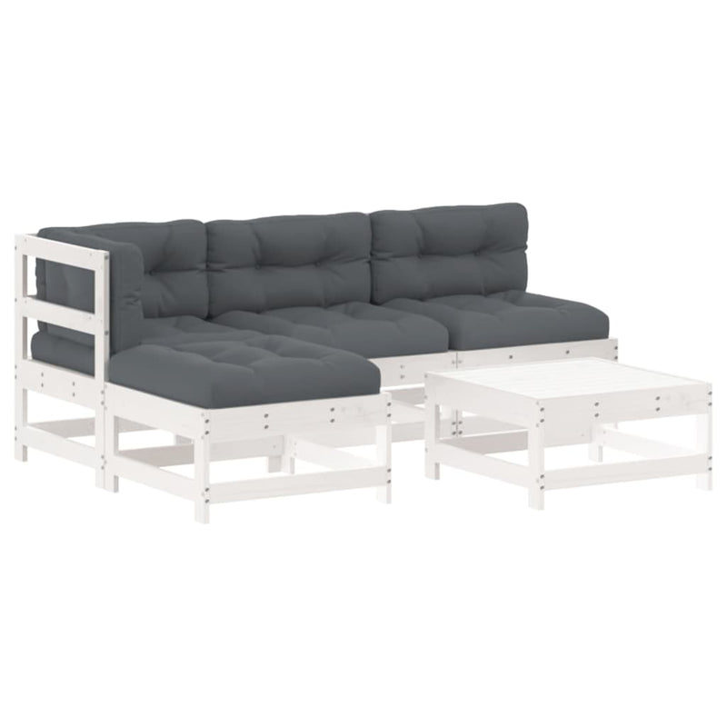 Set mobilier de grădină cu perne, 5 piese, alb, lemn masiv