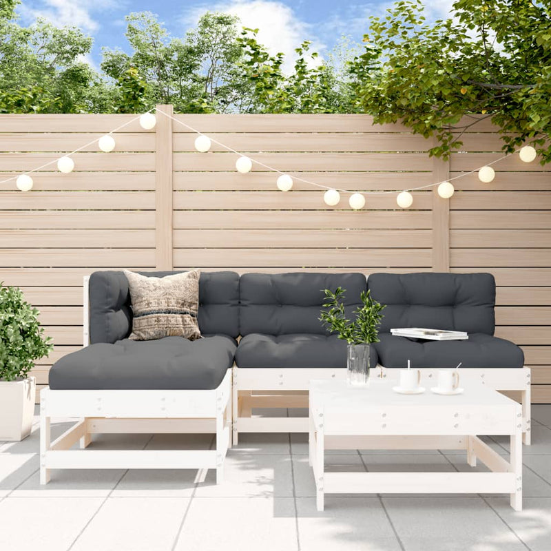 Set mobilier de grădină cu perne, 5 piese, alb, lemn masiv