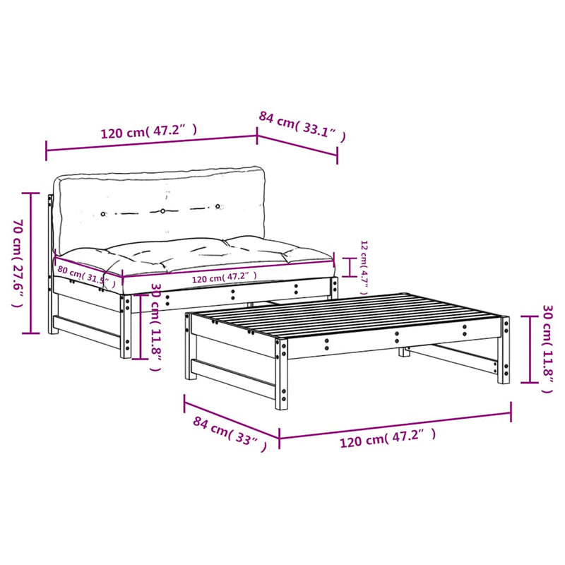 Set mobilier de grădină cu perne, 2 piese, gri, lemn masiv