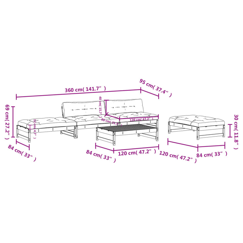 Set mobilier de grădină cu perne, 5 piese, lemn de pin tratat