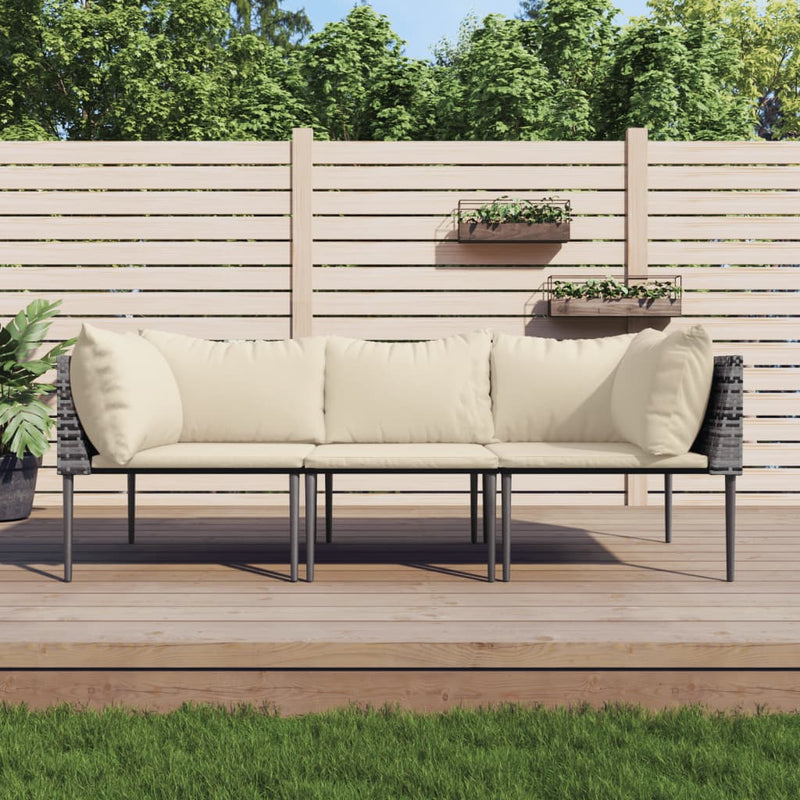 Set mobilier de grădină cu perne, 3 piese, gri, poliratan