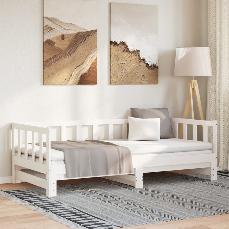 Pat de zi extensibil, alb, 2x(90x200) cm, lemn masiv de pin