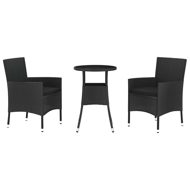 Set bistro de grădină cu perne, 3 piese, negru, poliratan