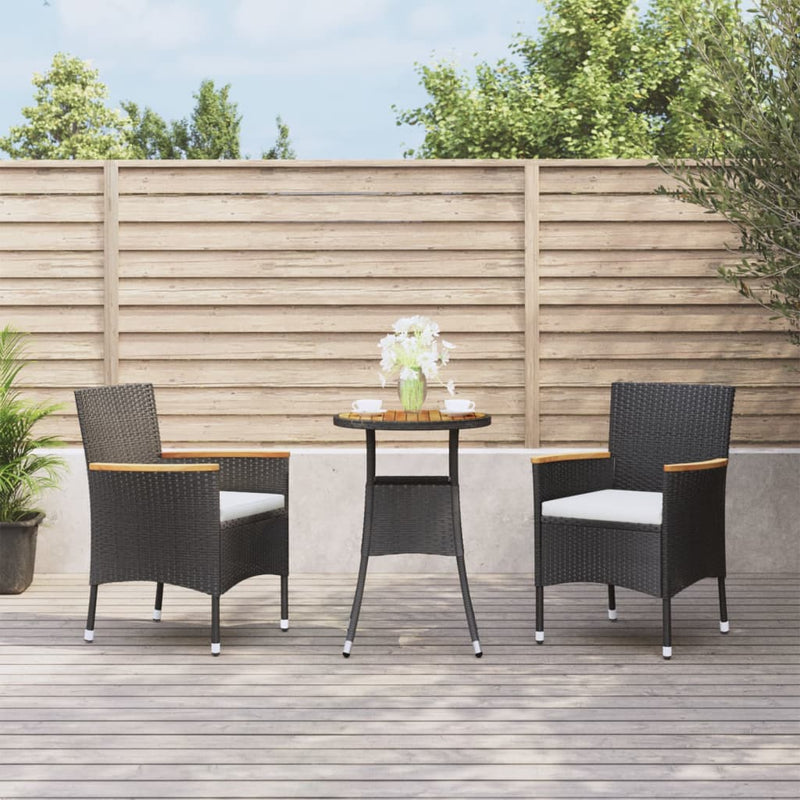 Set bistro de grădină cu perne, 3 piese, negru, poliratan