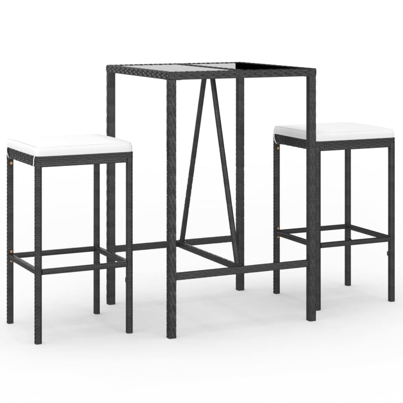 Set mobilier bar de grădină cu perne, 3 piese, negru, poliratan