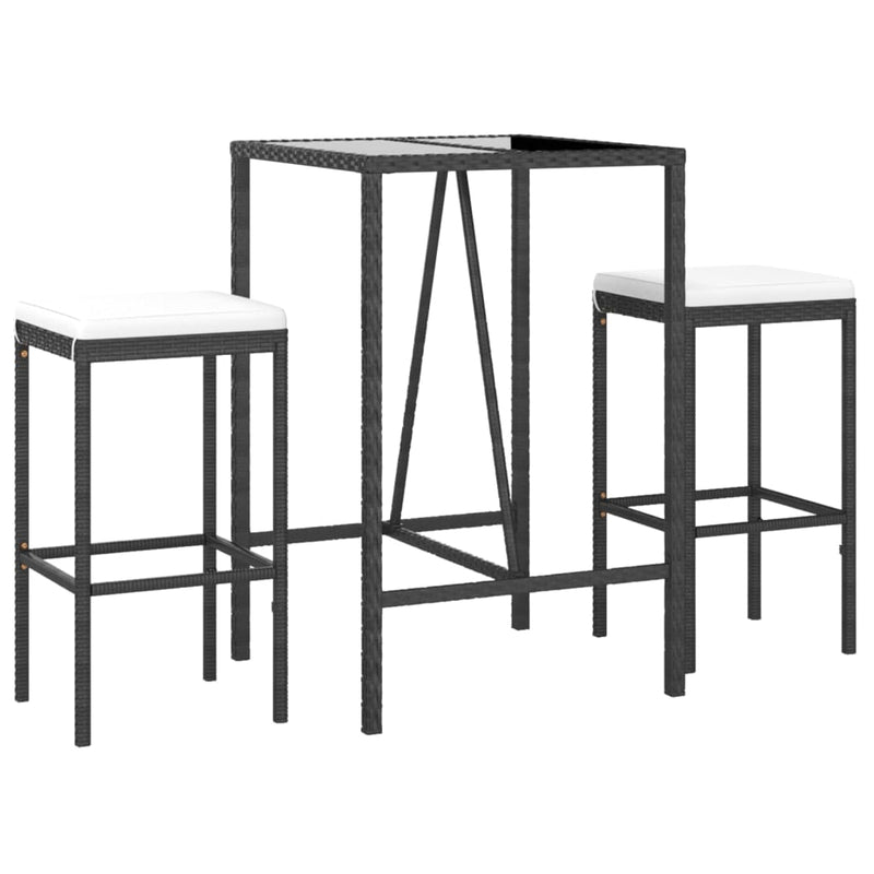 Set mobilier bar de grădină cu perne, 3 piese, negru, poliratan