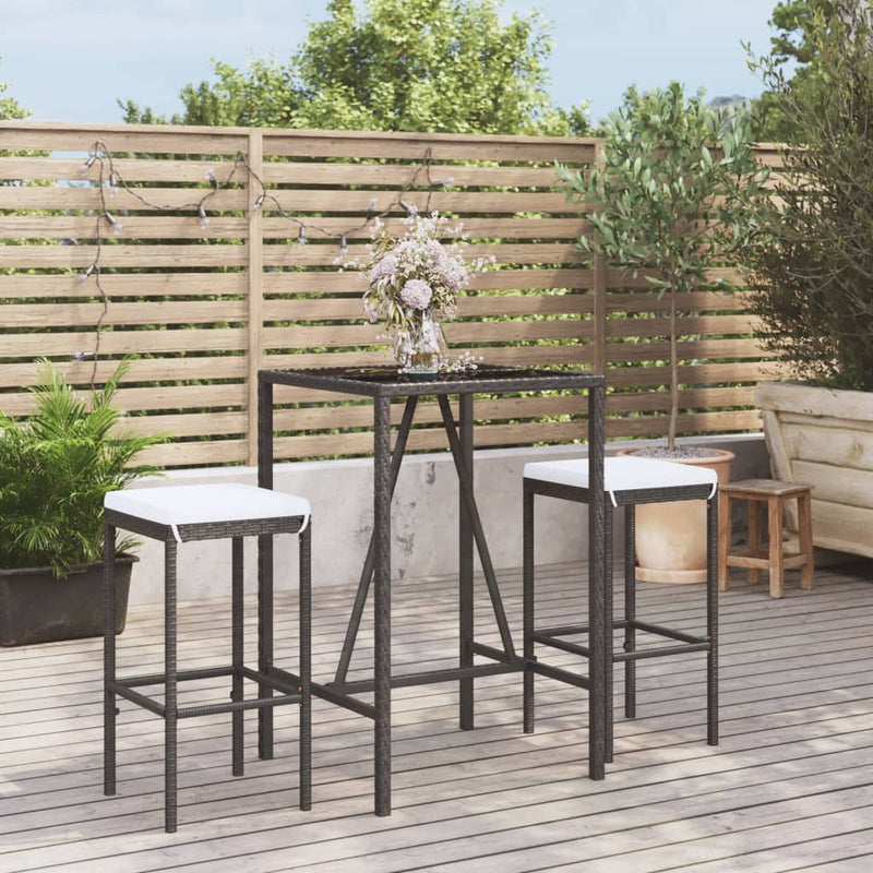 Set mobilier bar de grădină cu perne, 3 piese, negru, poliratan