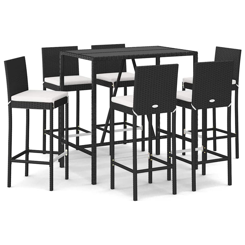 Set bar de grădină, 7 piese, cu perne, negru, poliratan