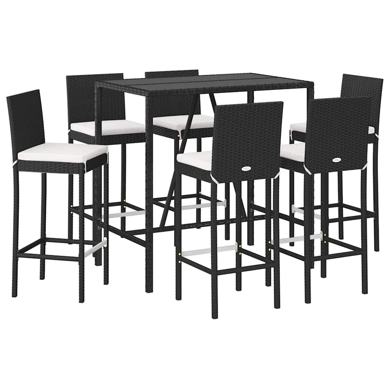 Set bar de grădină, 7 piese, cu perne, negru, poliratan