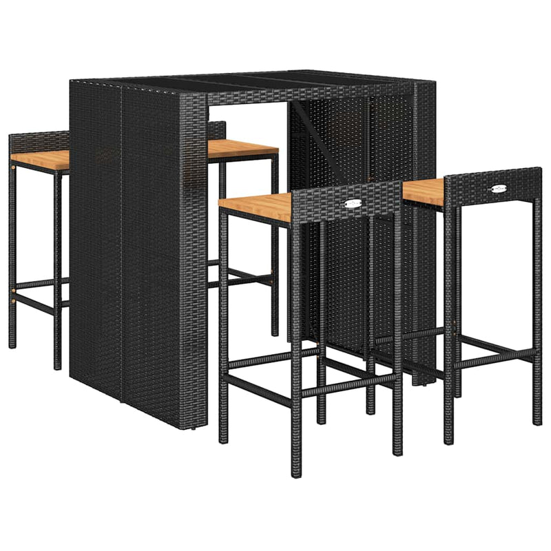 Set bar pentru grădină, 5 piese, negru, poliratan/lemn acacia