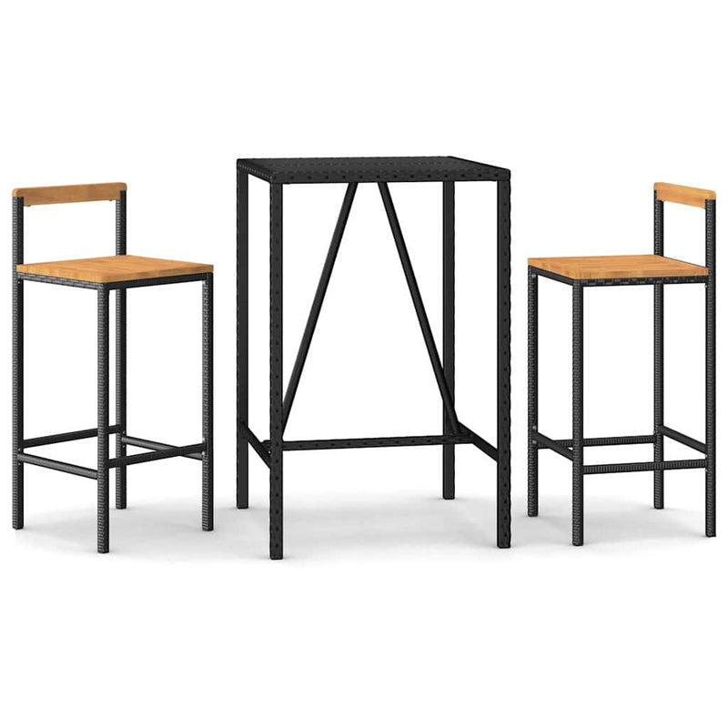Set bar pentru grădină, 3 piese, negru, poliratan/lemn acacia