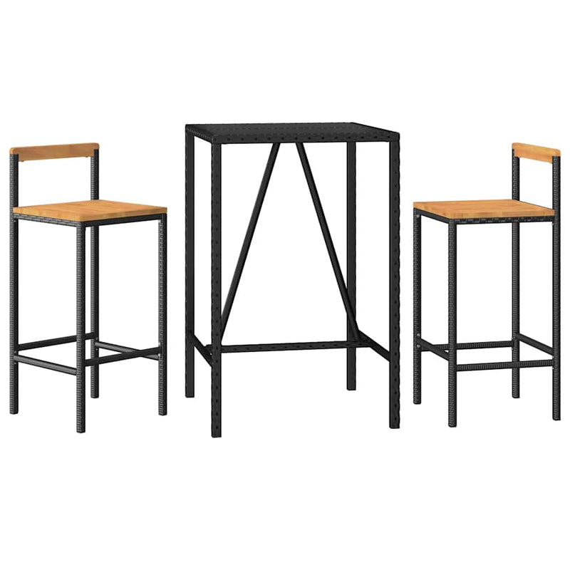 Set bar pentru grădină, 3 piese, negru, poliratan/lemn acacia