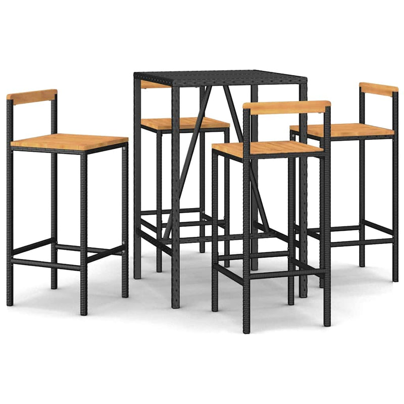Set bar pentru grădină, 5 piese, negru, poliratan/lemn acacia