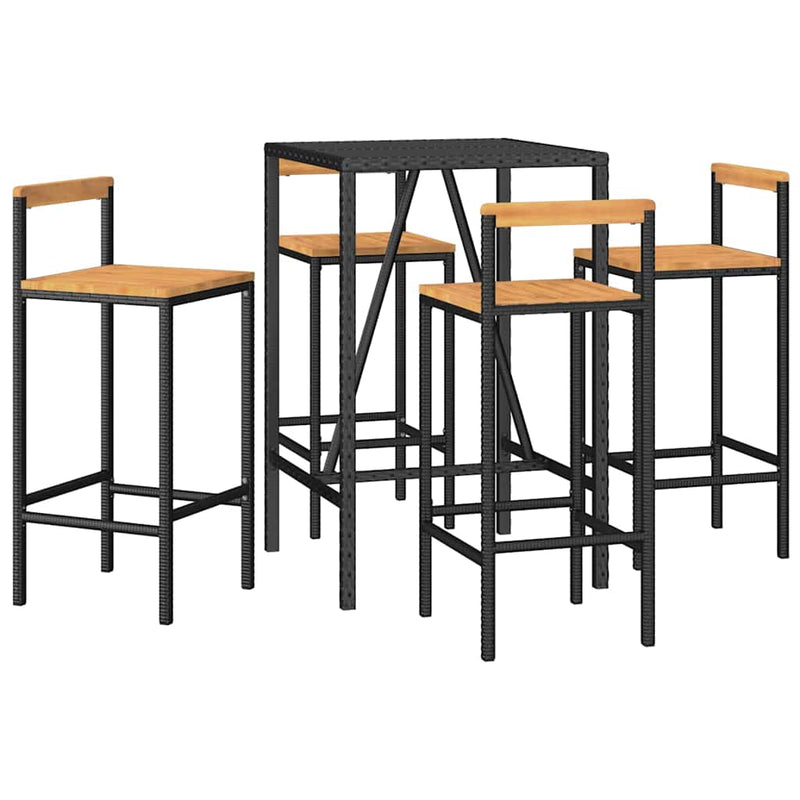Set bar pentru grădină, 5 piese, negru, poliratan/lemn acacia