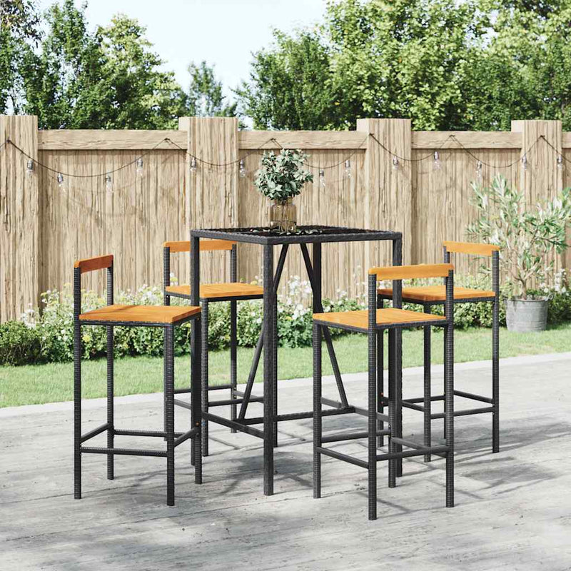 Set bar pentru grădină, 5 piese, negru, poliratan/lemn acacia