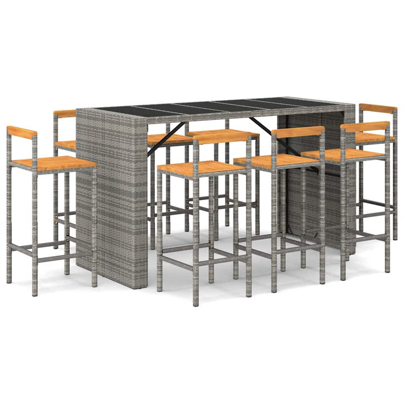 Set bar pentru grădină, 9 piese, gri, poliratan/lemn acacia
