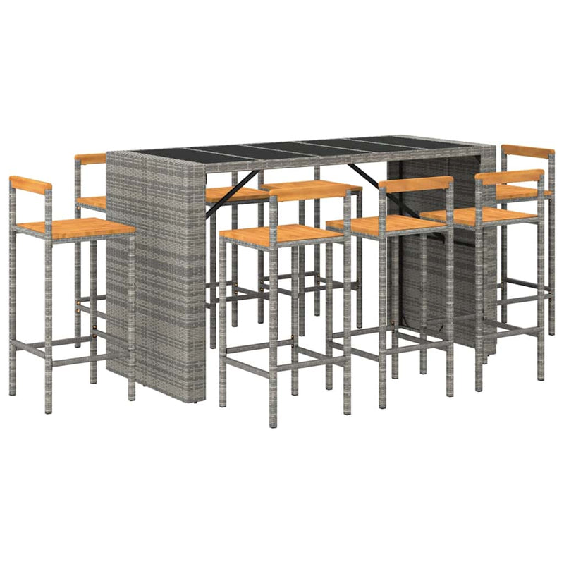 Set bar pentru grădină, 9 piese, gri, poliratan/lemn acacia