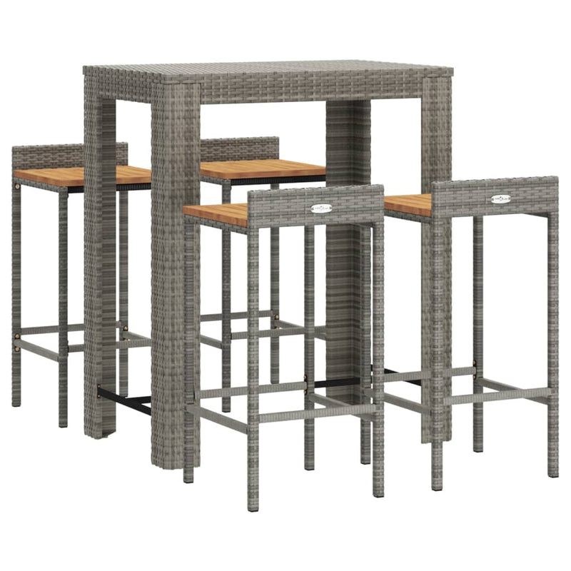 Set bar pentru grădină, 5 piese, gri, poliratan/lemn acacia