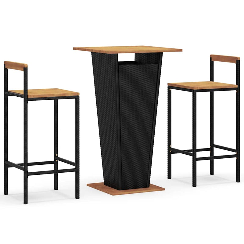 Set bar pentru grădină, 3 piese, negru, poliratan/lemn acacia