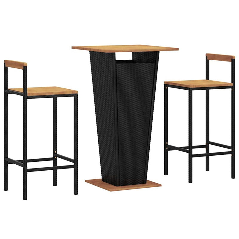 Set bar pentru grădină, 3 piese, negru, poliratan/lemn acacia