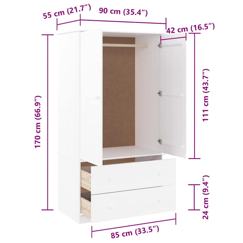 Dulap „ALTA”, alb, 90x55x170 cm, lemn masiv de pin