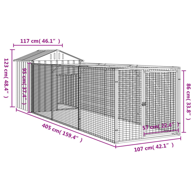 Cușcă câine cu acoperiș antracit 117x405x123 cm oțel galvanizat
