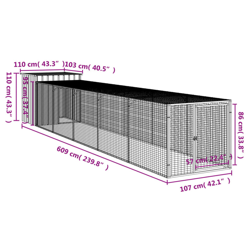 Coteț pui cu incintă gri deschis 110x609x110 cm oțel galvanizat